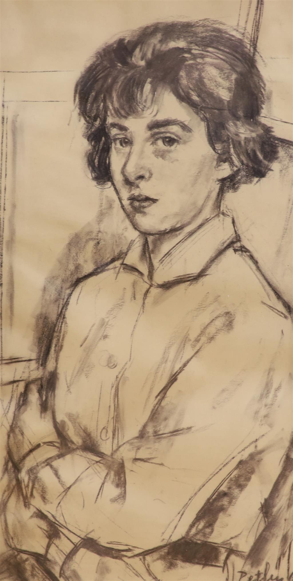 Llewellyn Petley Jones (1908-1986), charcoal drawing, Portrait of Miss Nicola Taylor, signed and dated 69, 64 x 33cm